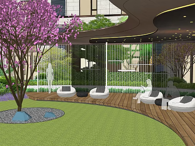 Garden Landscape With Purple Cherry Blossom Tree Green Lawn Wooden Deck And White Lounge Chairs 3d model