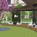 Garden Landscape With Purple Cherry Blossom Tree Green Lawn Wooden Deck And White Lounge Chairs