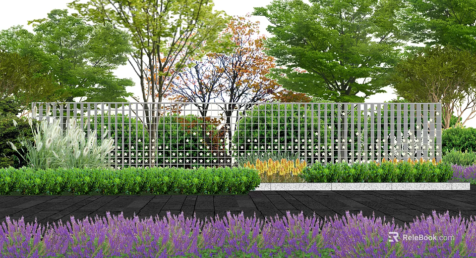 Garden Scenic Wall With Lattice Design Surrounding Trees Green Plants And Purple Flowers 3d model 