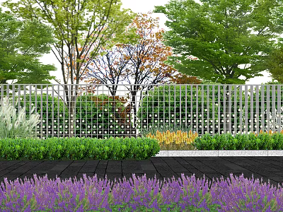 Garden Scenic Wall With Lattice Design Surrounding Trees Green Plants And Purple Flowers 3d model