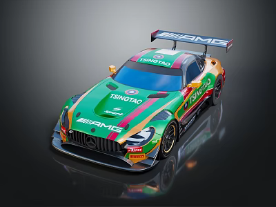 AMG Green Race Car With Colorful Stripes And TANAX TOMATTO Logos 3d model