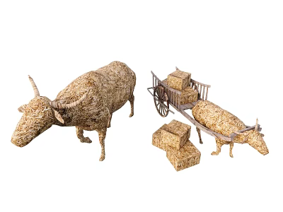 Rustic Style Garden Ornaments Crafted from Straw with Cows Cart and Blocks 3d model