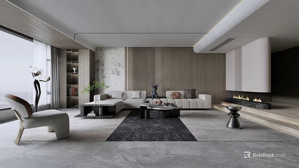Modern Living Room Interior With Light Gray Sofa Black Coffee Table Fireplace And Wooden Wall 3d model 