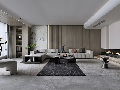 Modern Living Room Interior With Light Gray Sofa Black Coffee Table Fireplace And Wooden Wall 3d model