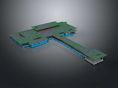 Cartoon Scene of Modern T Shaped Building With Green Rooftops And Blue Structures 3d model