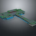 Cartoon Scene of Modern T Shaped Building With Green Rooftops And Blue Structures