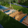 Wooden Landscape Bridges With Curved And Straight Designs Over Blue Water In Green Grass Park