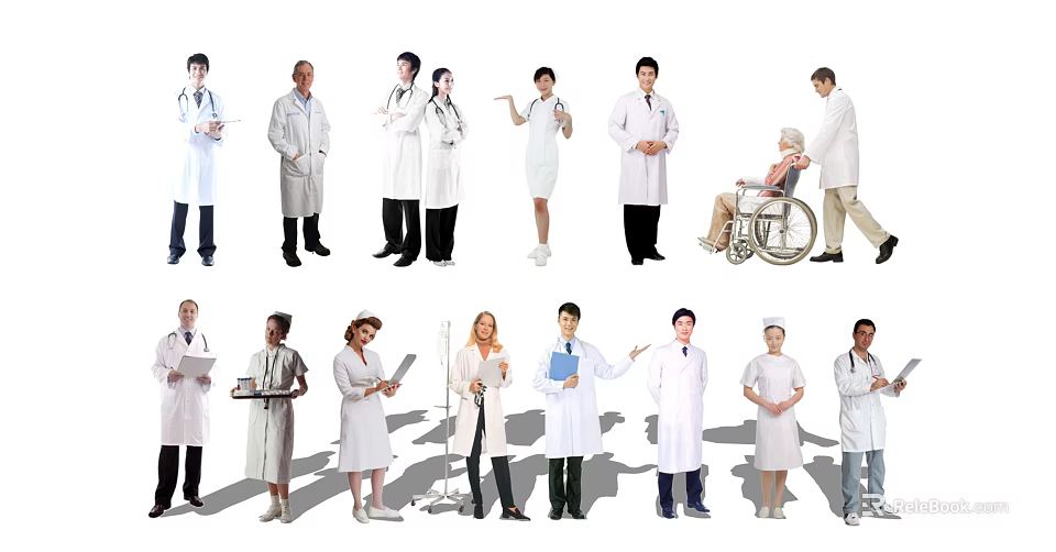 Group of Medical Professionals in White Coats with Documents Assisting Patient in Wheelchair 3d model 