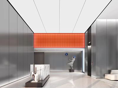 Modern Office Reception Area With White Reception Desk Silver Walls Red Grid Decoration And Elevators 3d model