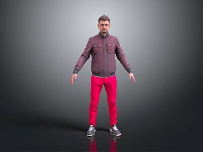 A man standing against gray background in dark purple jacket pink pants and silver shoes 3d model