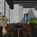 Modern Chinese Restaurant Interior With Open Space Neon Lights Tables Chairs And Green Plants
