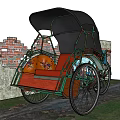 Traditional Green Rickshaw With Red Seats And Black Canopy Near Brick Wall
