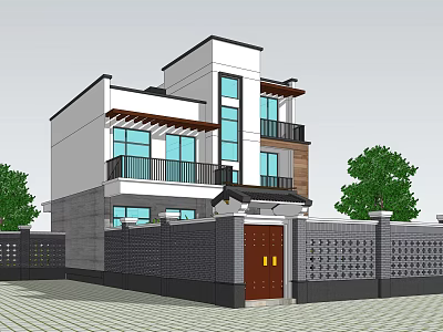 Modern Two Story Detached Villa With Glass Windows Balcony And Brick Wall Fence 3d model