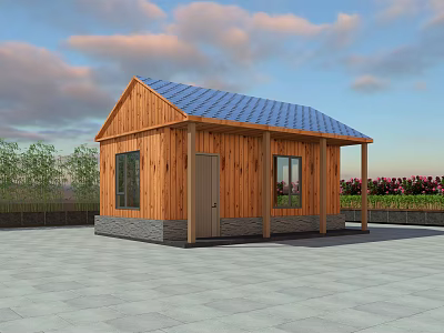 Wooden House Exterior with Blue Roof Wooden Siding Windows and Door in Garden Setting 3d model