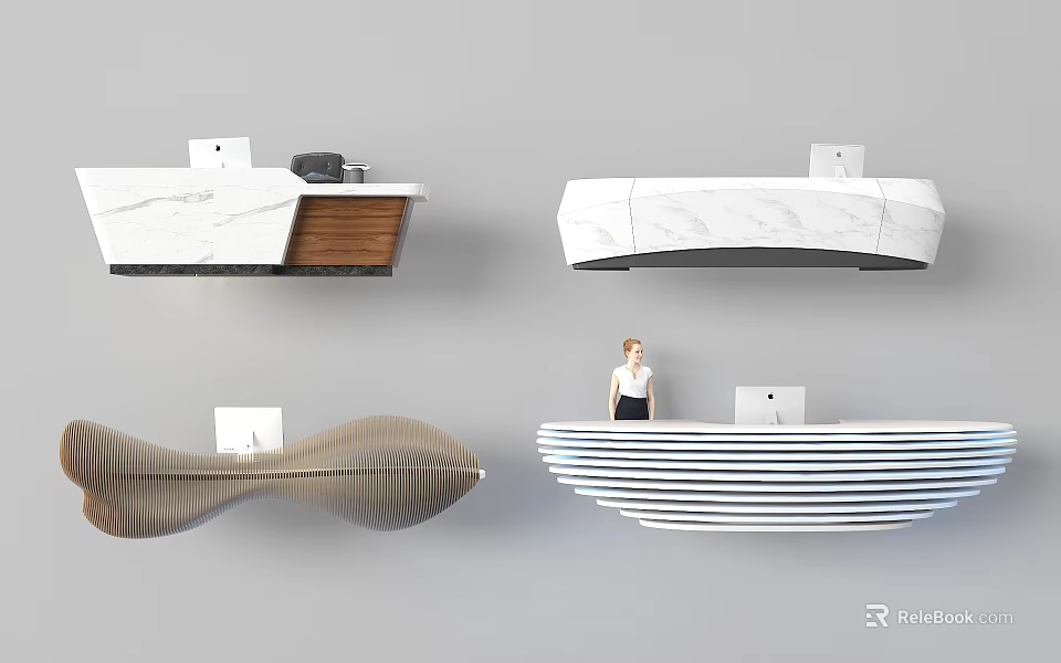 Modern Stylish Reception Desk Designs With Curved Marble Wooden Striped Shapes And Receptionist 3d model 