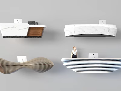 Modern Stylish Reception Desk Designs With Curved Marble Wooden Striped Shapes And Receptionist 3d model