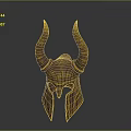 Ornate Horned Helmet With Golden Curved Horns And Silver Metallic Surface