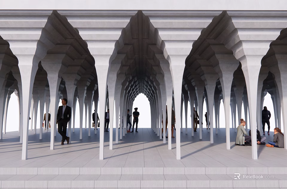 Elegant Colonnade Featuring Arched Design And White Columns With People Walking Inside 3d model 