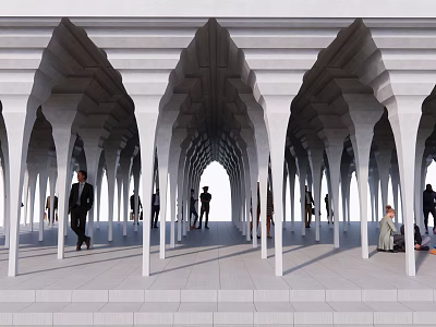 Elegant Colonnade Featuring Arched Design And White Columns With People Walking Inside 3d model