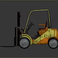 Yellow and Orange Forklift with Cab and Front Forks on Dark Background
