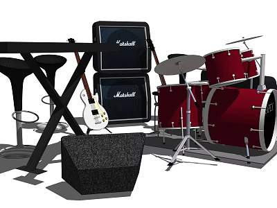 Musical Instruments Collection Featuring Red Drum Set White Guitar And Marshall Amplifiers 3d model