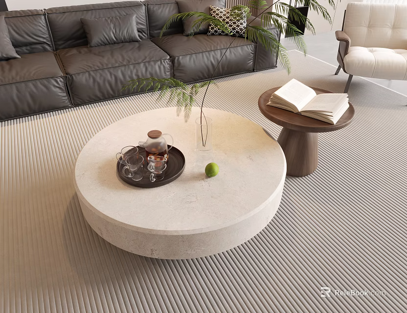 Modern Living Room Interior Featuring Round Coffee Table Grey Sofa Green Plant And Books 3d model 