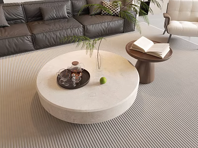 Modern Living Room Interior Featuring Round Coffee Table Grey Sofa Green Plant And Books 3d model