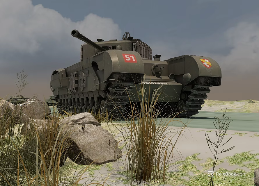 Military Green Tank With Number 51 In Field With Rocks Grass And Cloudy Sky 3d model 