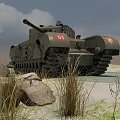Military Green Tank With Number 51 In Field With Rocks Grass And Cloudy Sky