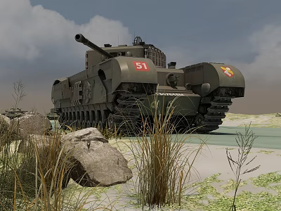 Military Green Tank With Number 51 In Field With Rocks Grass And Cloudy Sky 3d model