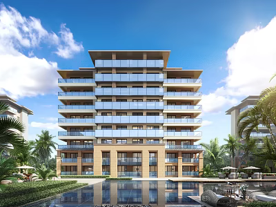 Modern Multi storey Residential Building With Glass Balconies Palm Trees Swimming Pool And Blue Sky 3d model