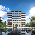 Modern Multi storey Residential Building With Glass Balconies Palm Trees Swimming Pool And Blue Sky