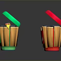 Colorful Recycling Bins With Green Blue Red Lids And Recycle Symbols On Wooden Bodies
