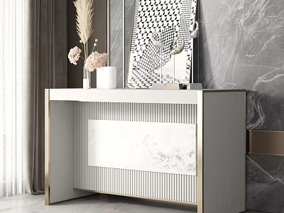 Elegant Modern Entryway Console Table With Marble Panel Golden Frame And Decorative Vase Flowers 3d model