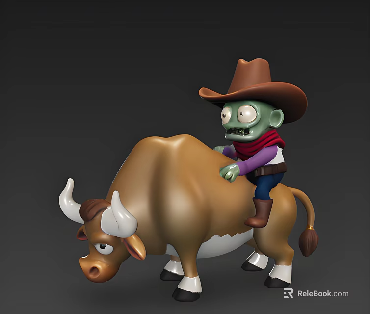 Cowboy Zombie Man Riding Brown Bull In 3D Cartoon Style Model Design 3d model 
