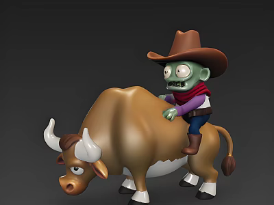 Cowboy Zombie Man Riding Brown Bull In 3D Cartoon Style Model Design 3d model
