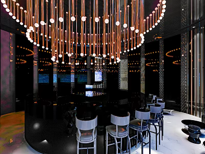 Modern Restaurant Interior With Round Chandelier Black Bar Counter And White Stools 3d model