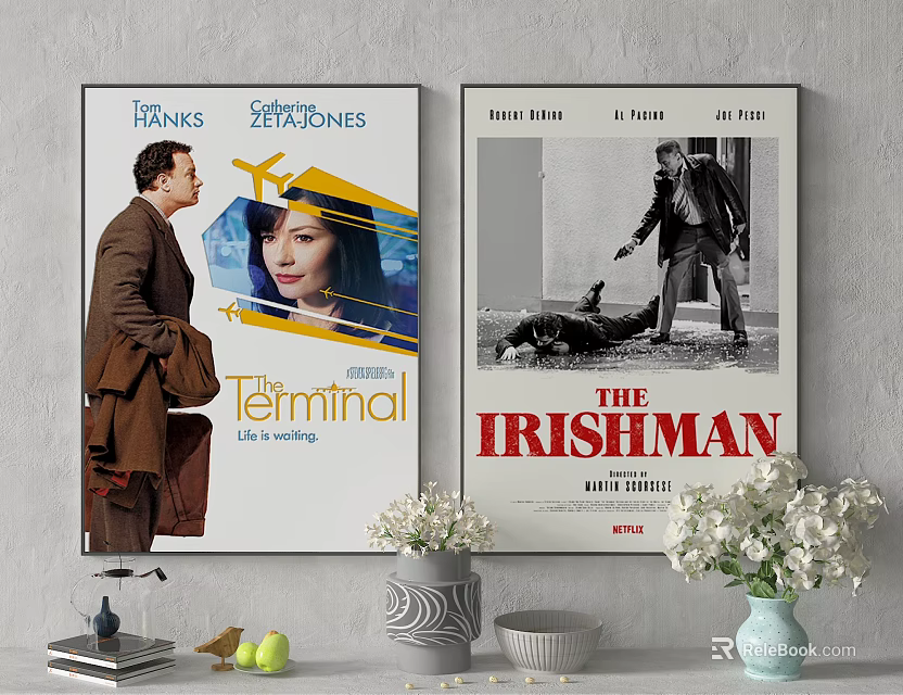Home Wall Decor With The Terminal And The Irishman Posters Vases Flowers And Books 3d model 