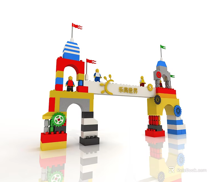Lego Built Bridge Structure With Towers Flags Minifigures And Small Train 3d model