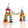 Lego Built Bridge Structure With Towers Flags Minifigures And Small Train 3d model