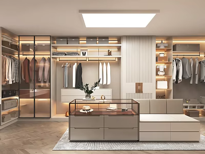 Modern Walk in Closet With Glass Cabinets And Seating Area 3d model
