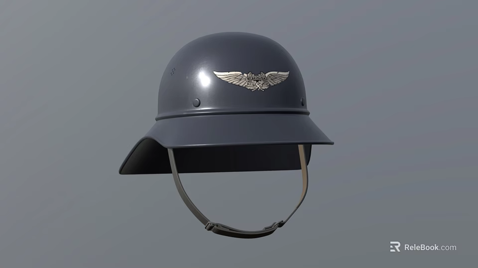 Dark Gray Helmet With Silver Eagle Wing Emblem On Top And Brim Chin Strap 3d model 