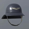 Dark Gray Helmet With Silver Eagle Wing Emblem On Top And Brim Chin Strap