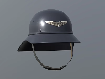 Dark Gray Helmet With Silver Eagle Wing Emblem On Top And Brim Chin Strap 3d model