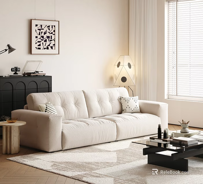 Modern Minimalist Living Room With Beige Casual Sofa Set And Decorative Pillows 3d model 