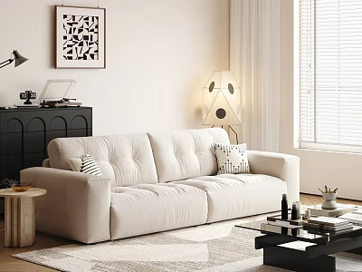Modern Minimalist Living Room With Beige Casual Sofa Set And Decorative Pillows 3d model