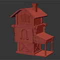 Cartoon Style Two Story House With Red Roof Blue Window Chimney And Stone Walls