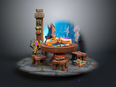 Wooden Round Desk With Open Book Tools And Lighted Column In Fantasy Cave Setting 3d model