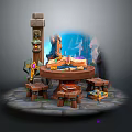 Wooden Round Desk With Open Book Tools And Lighted Column In Fantasy Cave Setting
