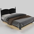 Modern Double Bed with Black Headboard Gray Plaid Sheets and Brown Blanket